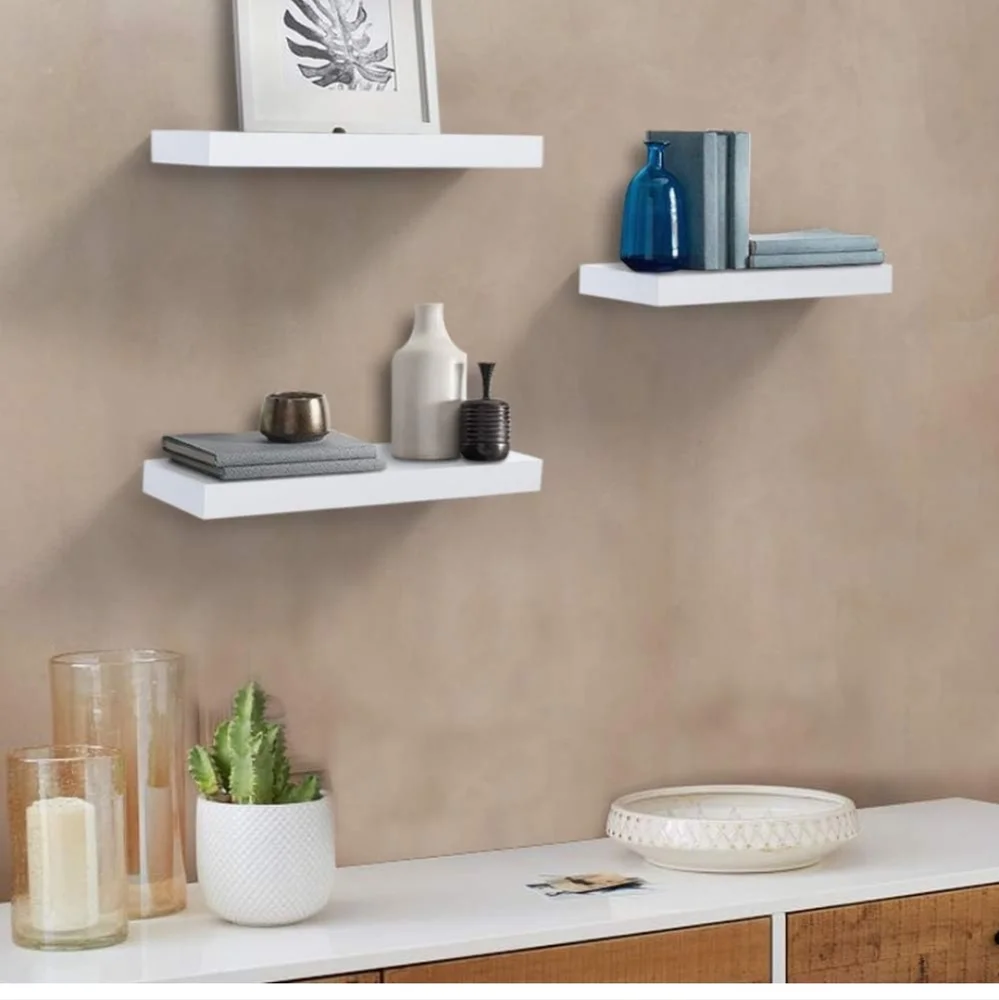 :Set of 3 Floating Shelves White Solid Wood Wall Shelves with Invisible Brackets